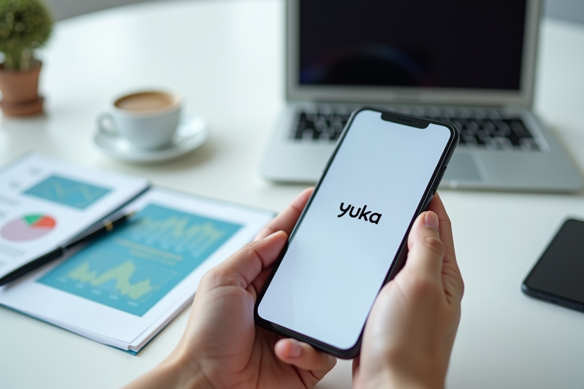 Main tenant un smartphone avec Yuka sur un bureau lumineux