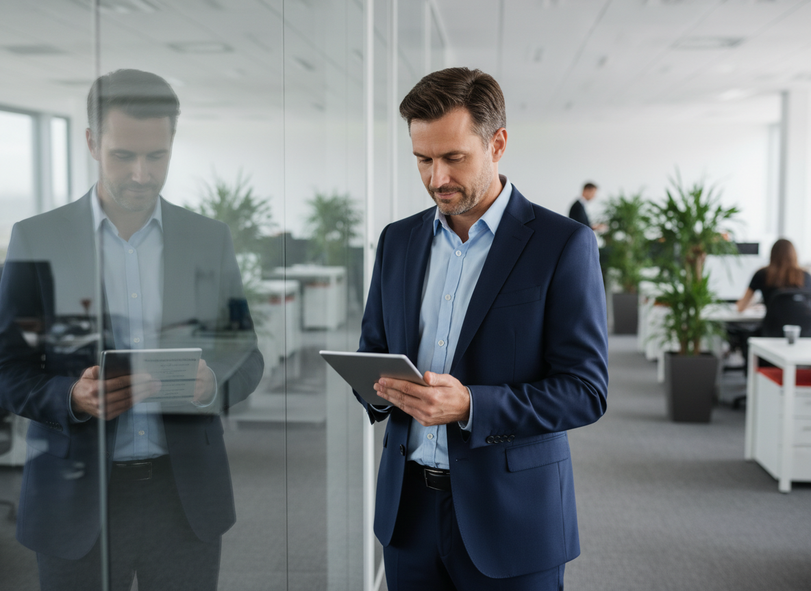 Manager réfléchissant avec tablette dans un bureau ouvert