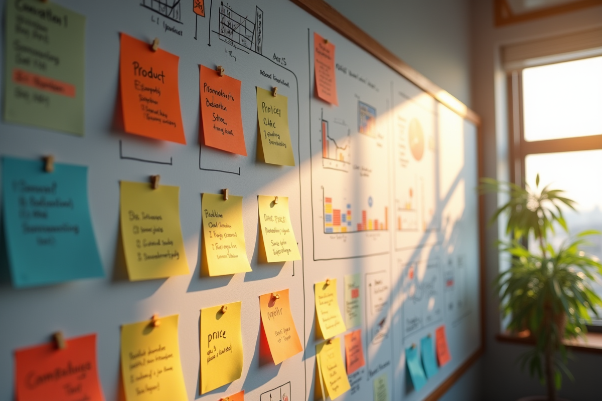 Mur de travail créatif avec notes et schémas pour marketing
