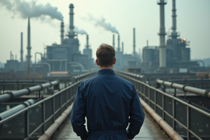Ouvrier industriel en tenue dans une usine avec cheminée