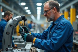 Ouvrier d'usine en overalls bleus et gants de sécurité manipulant un bras robotique