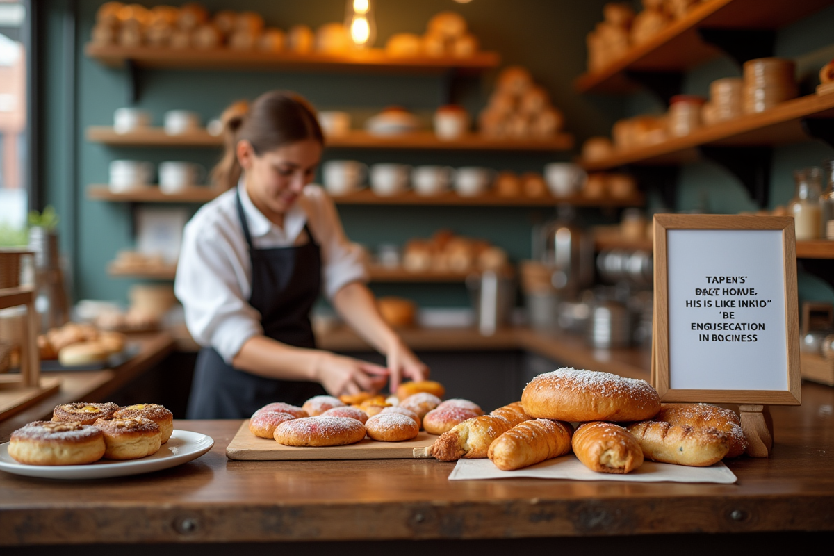 Propriétaire de boulangerie arrangeant des viennoiseries avec avis d