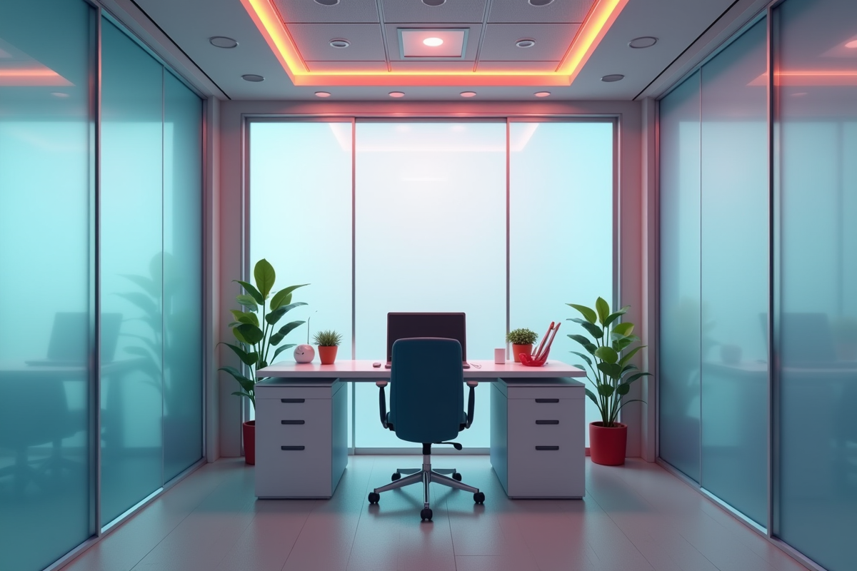 Petit bureau fermé avec mobilier minimaliste et accessoires colorés