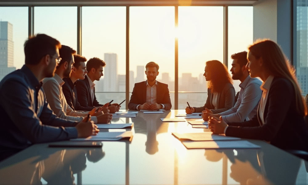 Groupe de dix professionnels d'affaires lors d'une réunion dans un bureau lumineux