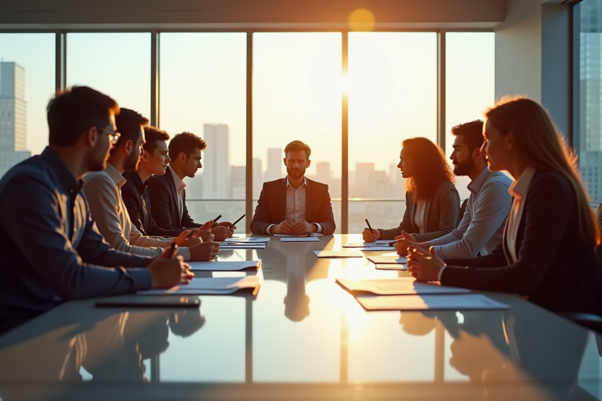 Groupe de dix professionnels d'affaires lors d'une réunion dans un bureau lumineux