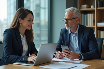Femme professionnelle en réunion avec un superviseur homme