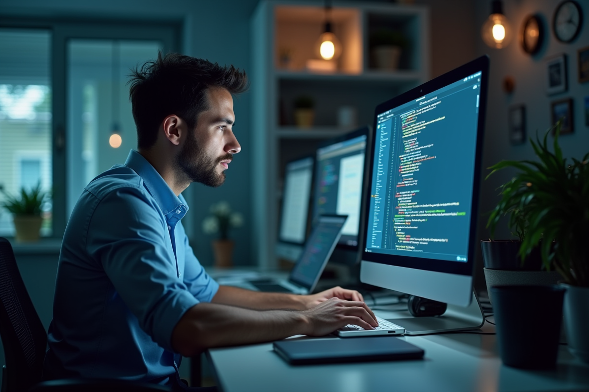 Spécialiste IT concentré travaillant sur un ordinateur portable avec code